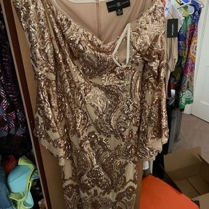 BETSY & ADAM Off the shoulder Sequence gold dress